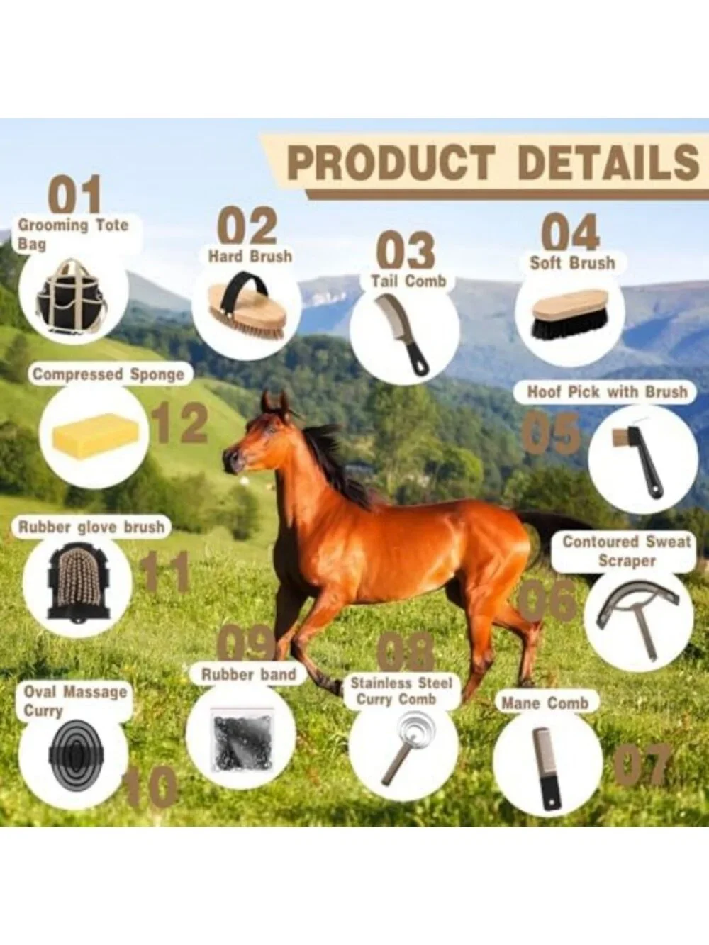 12-Piece Horse Grooming Kit with Organizer Tote Bag & Brushes for Show & Care